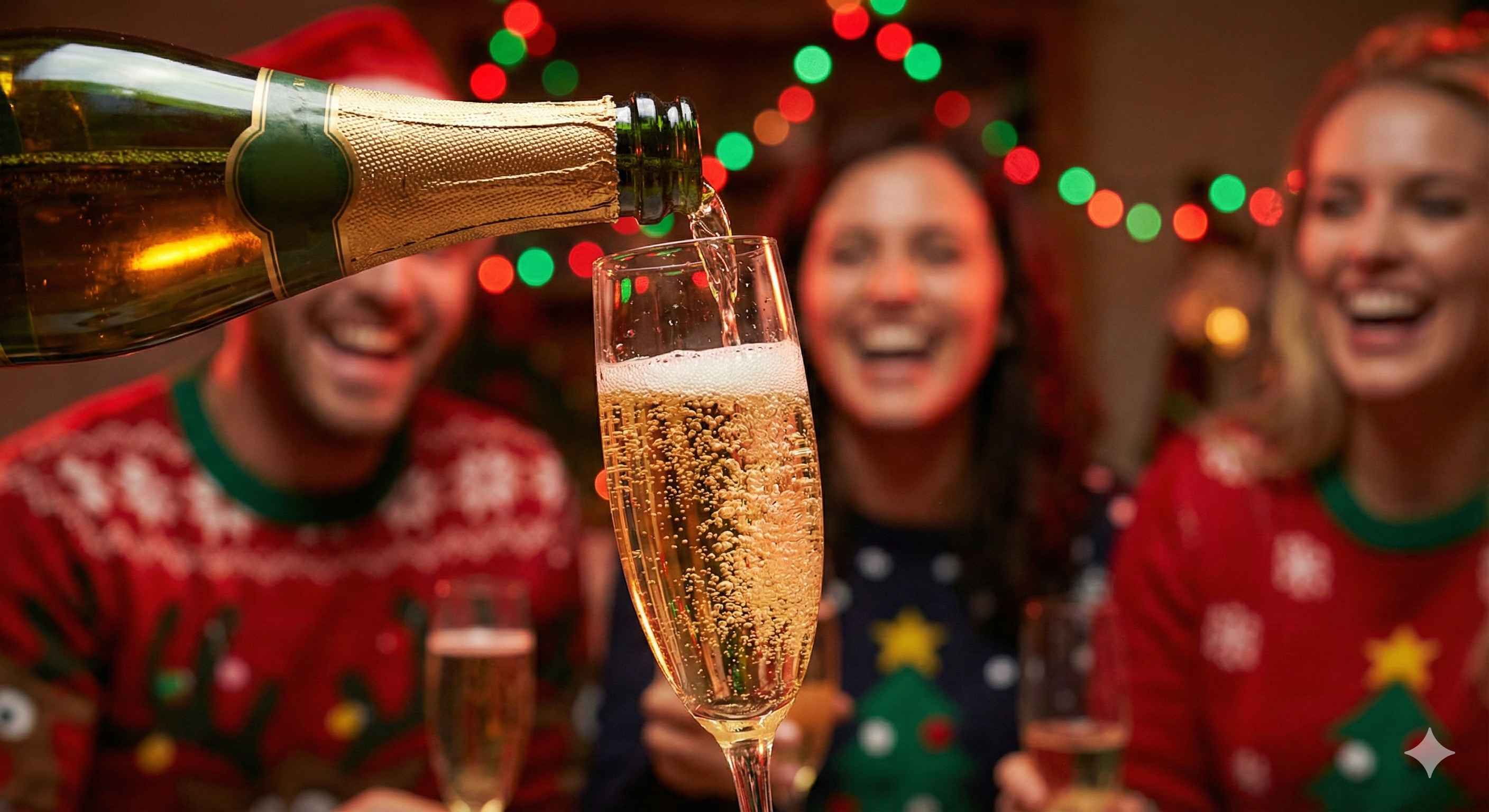 Holiday table with sparkling non-alcoholic champagne bottles and glasses